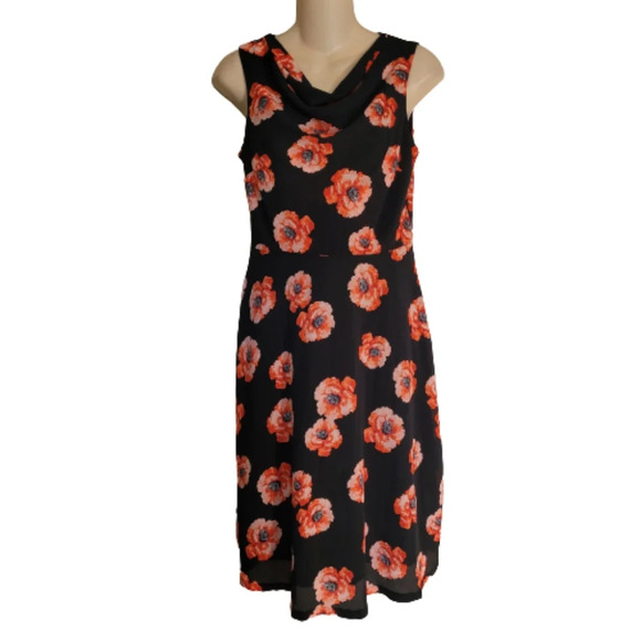Talbots Black Coral Red Poppy Print Drape Neck Sleeveless Dress Size Women's 2P - Picture 2 of 10